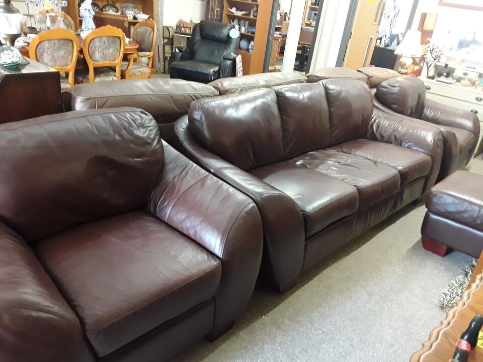 Brown leather three piece suite Copley Mill LOW COST MOVES 2nd Hand