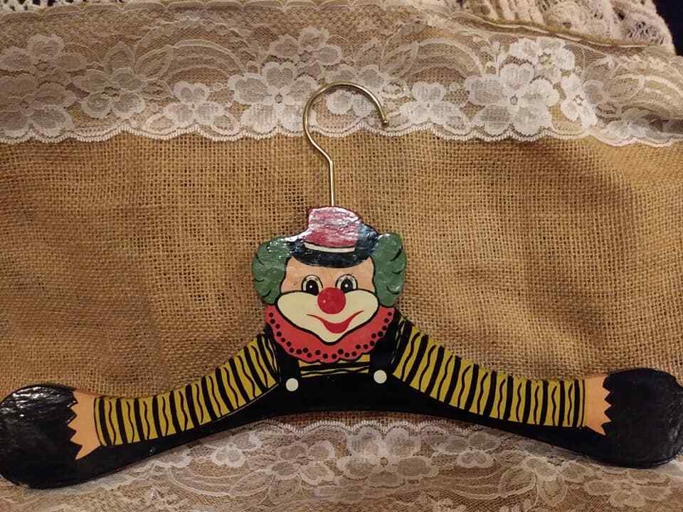 Vintage Beautiful  4 Clown Hangers made of wood and hand painted. RARE!