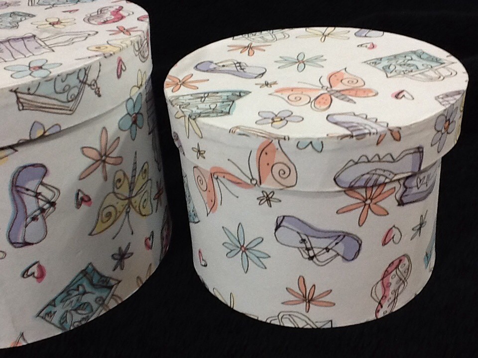 Small Hatbox Nesting Qty 2 Whimsical Themed 5.5 x 4 circle 4.5 x 3.5 White Pink