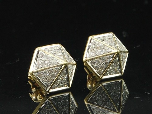 Pre-owned Jfl Diamonds & Timepieces Diamond Pointed Hexagon Earrings 10k Yellow Gold Round Pave Studs 3/4 Tcw. In White