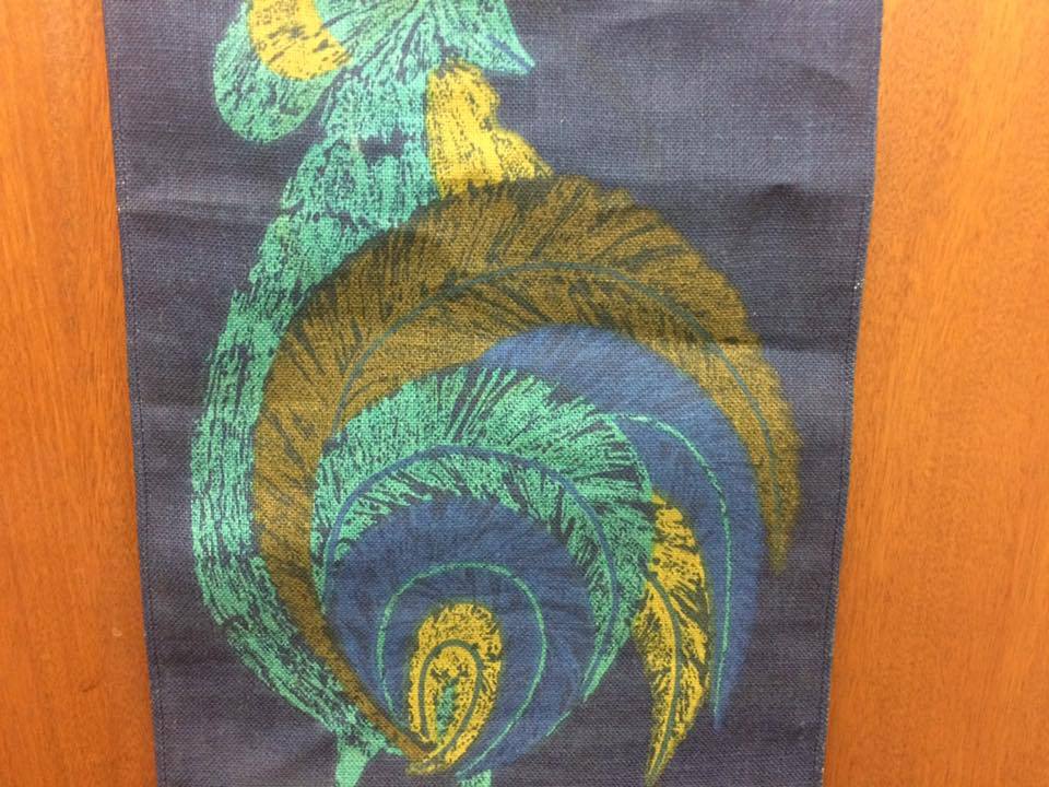 Ullas Peacock silkscreen print on burlap  made in Sweden