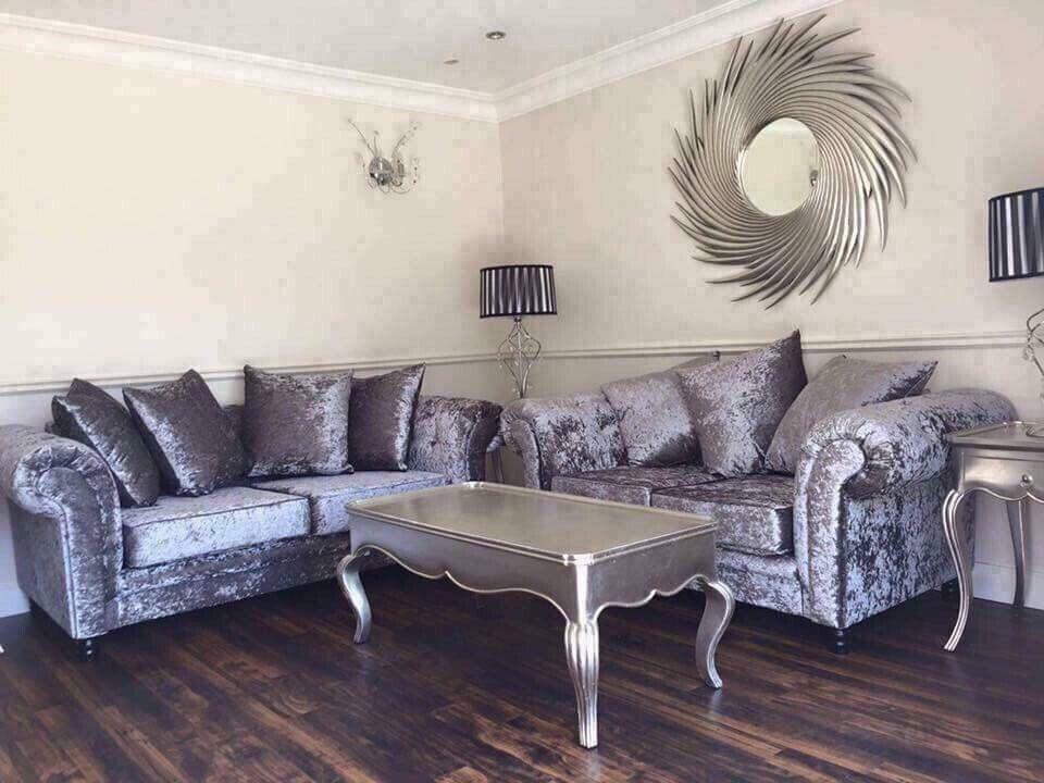 New 3 2 Silver Grey Crushed Velvet Sofas Free Delivery in