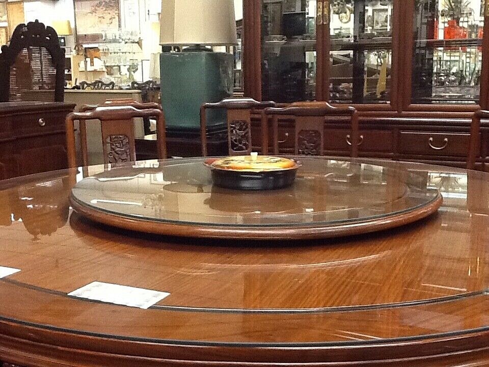 VINTAGE ROSEWOOD CHINESE DINING ROOM WITH CHINA CABINET, TABLE AND 12 CHAIRS