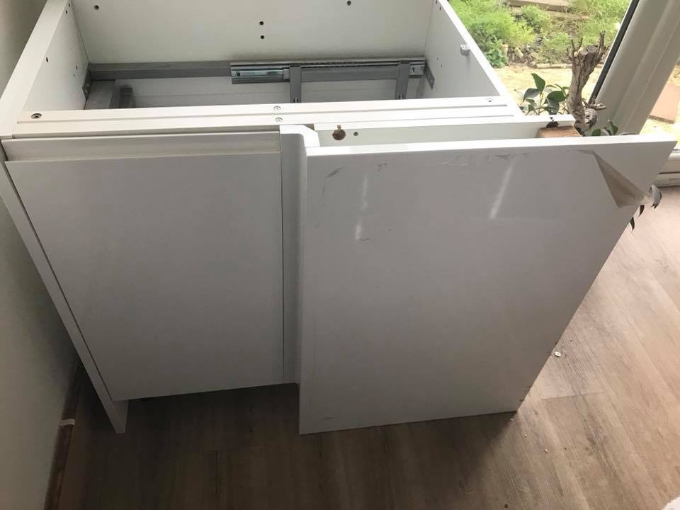B&Q kitchen corner unit with magic corner and Appleby white door and