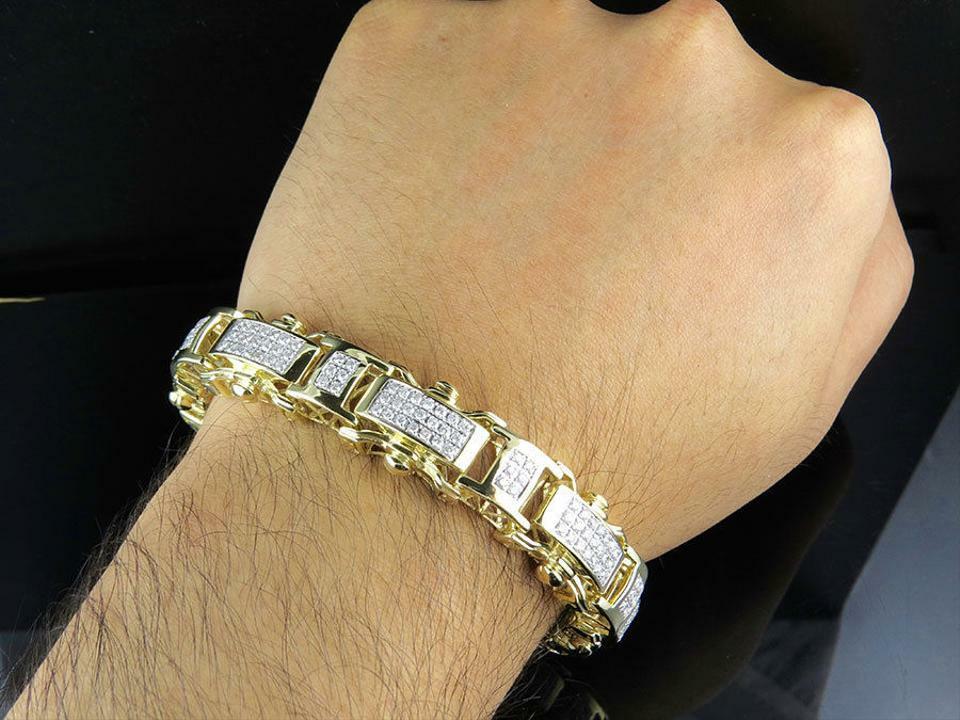 Pre-owned Online0369 5.18ct Cubic Zirconia Mens Designer Link Bracelet Silver Yellow Gold Plated