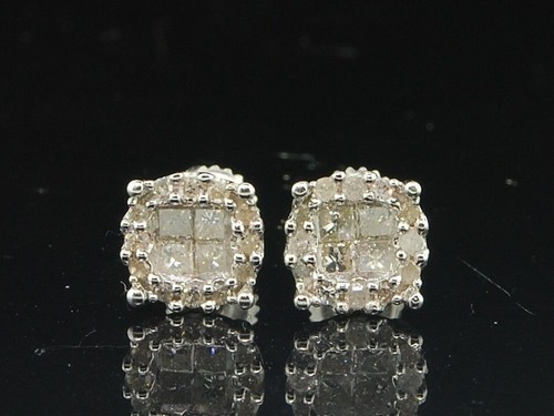 Pre-owned Jfl Diamonds & Timepieces Diamond Earrings .925 Sterling Silver Princess Round Halo Design Studs 0.60 Tcw In White