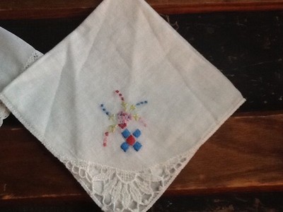 Vintage Handkerchief Hankies Cream  Embroidered Floral Lot of Two