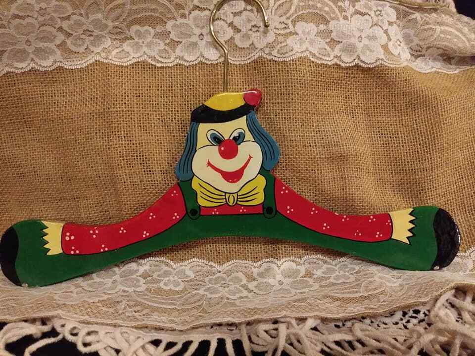 Vintage Beautiful  4 Clown Hangers made of wood and hand painted. RARE!