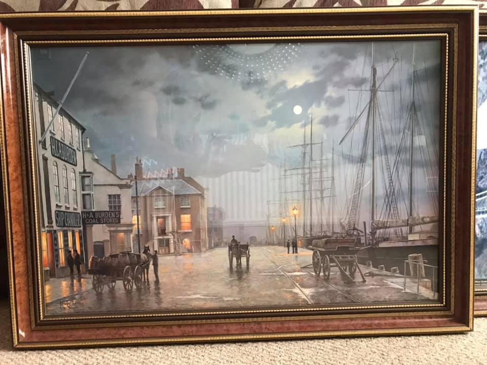 Large Rodney Charman print - entitled Poole quayside by Gaslight | in