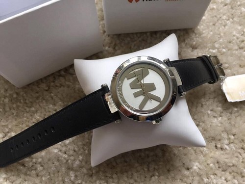 New Michael Kors Silver Black Leather Band MK LOGO Watch - MK2458