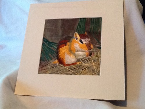 kings Silk Embroidery chipmunk  8x8 mated signed Handmade silk picture