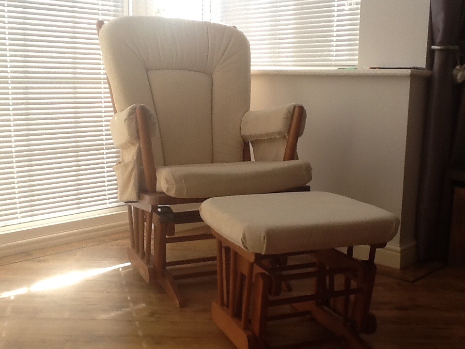 Dutailier Nursing Chair and matching stool, used, natural wood frame