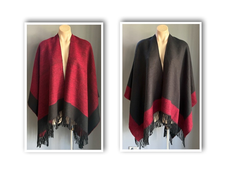 Knit Poncho Reversible Black & Red Shoulder Wrap One Size 10 - 18 Over Shoulders
