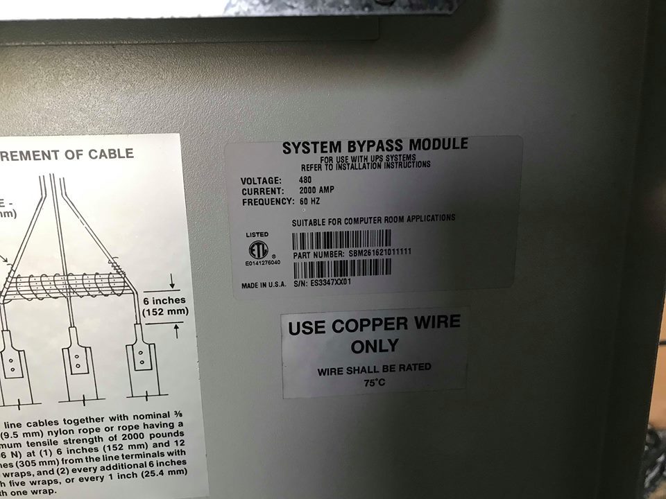 Powerware 2000A System Bypass switchgear SBM261621011111 2000A CH SPB65
