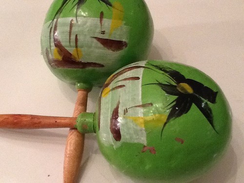 Pair of Green Mexican Maracas Hand Painted Vintage 1980s