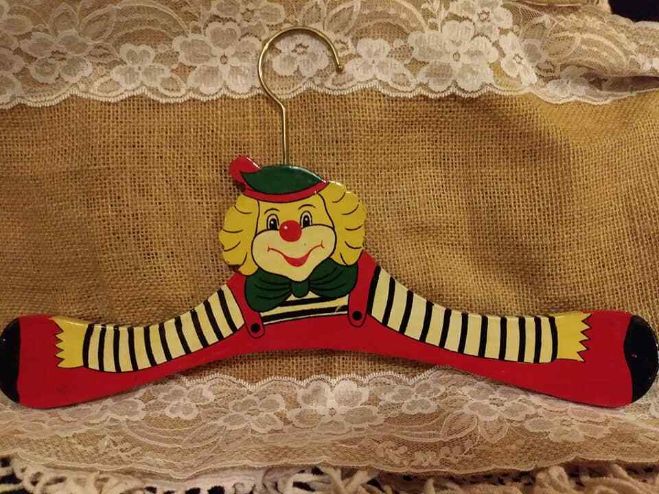 Vintage Beautiful  4 Clown Hangers made of wood and hand painted. RARE!