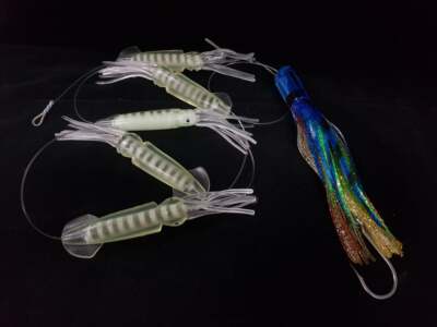DAISY CHAIN 5 WHITE B/STRIPES SQUID 8'' FAT BOY C4-TUBE EVIL LURE  8/0 S/S HOOK