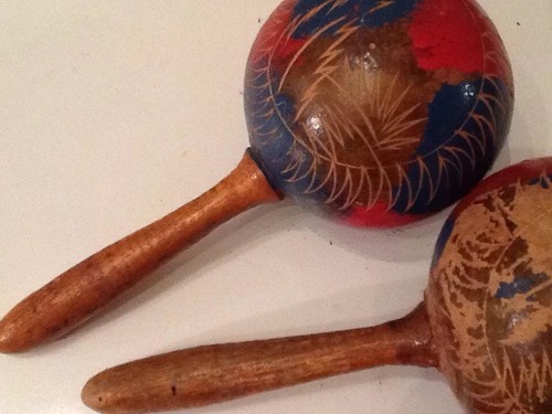 Pair of Red Blue Vintage Maracas Hand Painted Worn