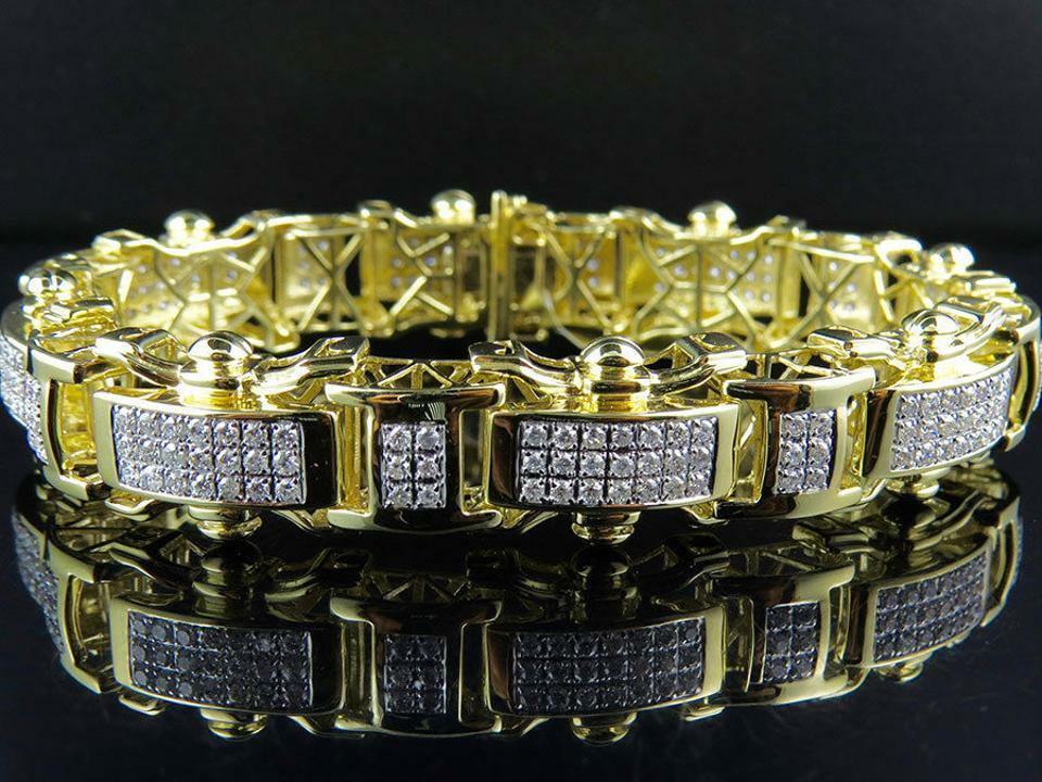 Pre-owned Online0369 5.18ct Cubic Zirconia Mens Designer Link Bracelet Silver Yellow Gold Plated