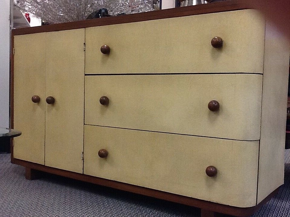 TWO 1938 ART DECO ASYMMETRICAL WALNUT CABINET WITH PARCHMENT FACINGS