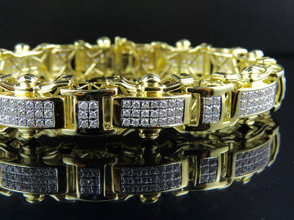 Pre-owned Online0369 5.18ct Cubic Zirconia Mens Designer Link Bracelet Silver Yellow Gold Plated