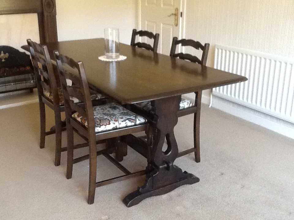 Original Priory oak dining room furniture table, chairs, sideboard