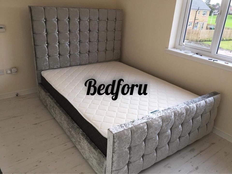 Cube Diamond Crush Velvet Silver Grey High Head Double Bed With Memory Foam Or Orthopedic Mattress In Glasgow Green Glasgow Gumtree