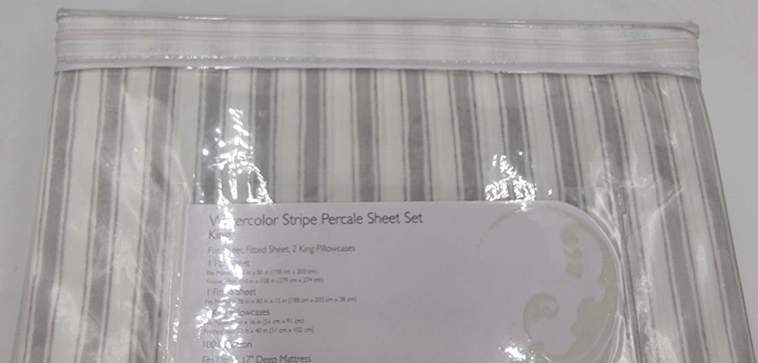 Sky Watercolor Stripe Percale Sheet King Set 78x80x15in/20x36in Reflection Blue - Picture 9 of 12