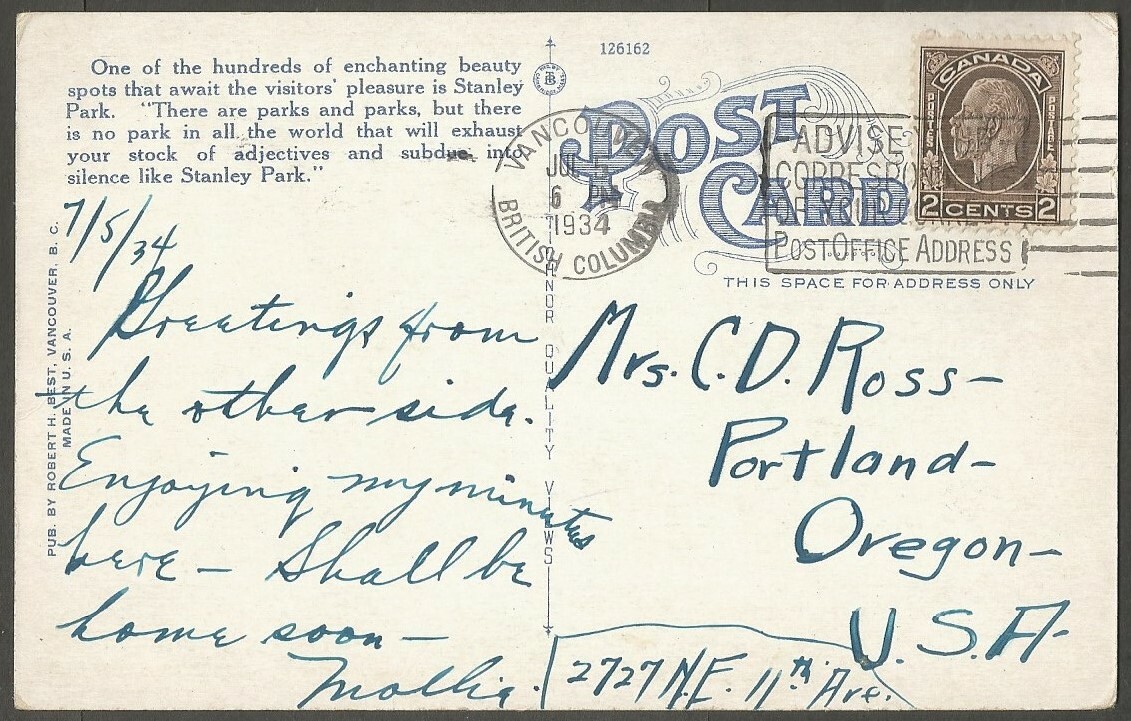 1934 PAVILION & LILY POND,STANLEY PARK,VANCOUVER BC CANADA POSTCARD 2C STAMP