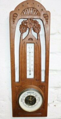  Antike Wetterstation Thermometer Barometer Holz beschnitzt 49cm um1900 //87