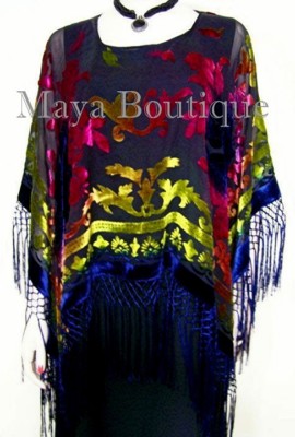 Pre-owned Maya Matazaro Tye Dye Poncho Shawl Fringe Top Burnout Velvet Blue Pink Multi  In Blue Pink Multi-color
