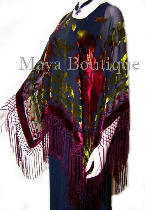 Pre-owned Maya Matazaro Tye Dye Poncho Shawl Top Silk Burnout Velvet Burgundy Multi  Usa In Red