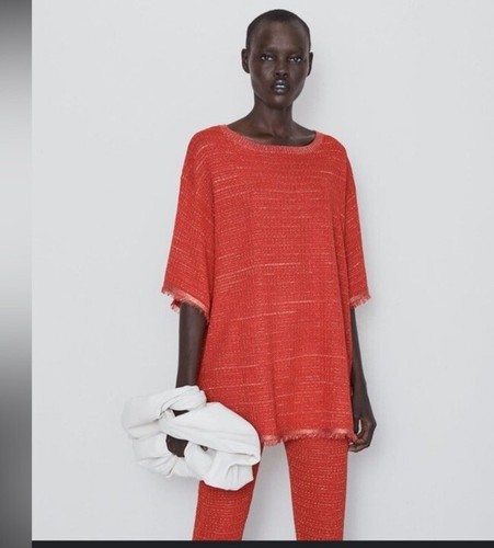 NEW ZARA ORANGE TEXTURED KNIT SWEATER WITH METALLIC THREAD