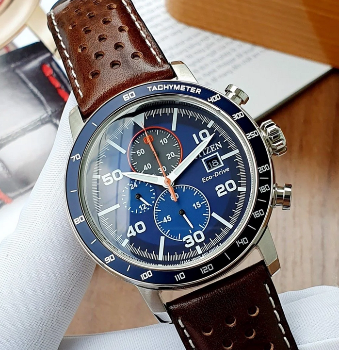Pre-owned Citizen Ca0648-09l Brycen Blue Leather Band Eco-drive Men's Watch