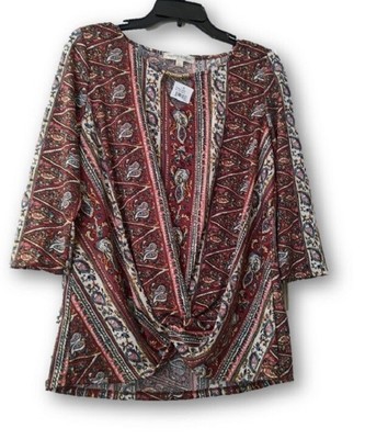 Another Reason Rust Multicolor 3/4 Sleeve Keyhole Neck Draped Front Blouse NWT M