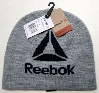 Reebok Men's Beanie Hat Gray Blue One Size Reversible Big Logo Knit Warm MSRP$30