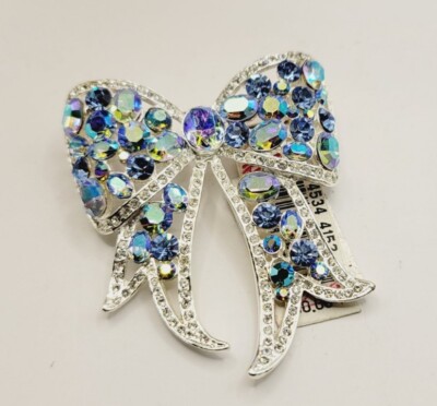 Vintage Carolee Ribbon Bow Crystal Silver Pin / Brooch 