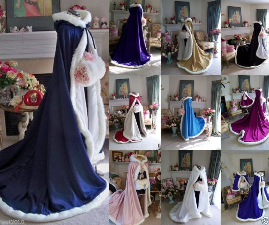 Long Satin Winter Wedding Dress Bridal Faux Fur Cape Queen Disney