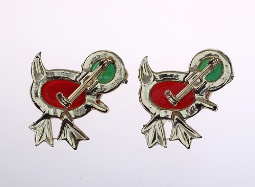 Vintage Red Green Lucite Jelly Belly Duck Brooch Pair, Rhinestone Scatter Pins