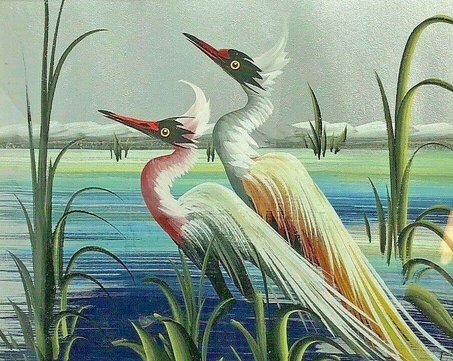 Old Unique Painting Two Heron Birds Audubon Art Framed