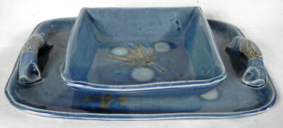 Blue Ceramic Tray & Bowl, Maple Leaf Art, Vicki Gill North Carolina Pottery, Exc