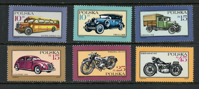 X579 Pologne 1987 Voitures Motos Bus 6v. Mnh