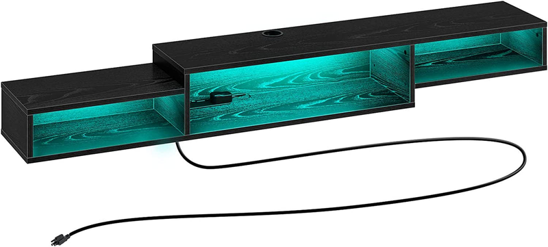 71", Floating Tv Stand With Power Outlet & Led Light, Black 