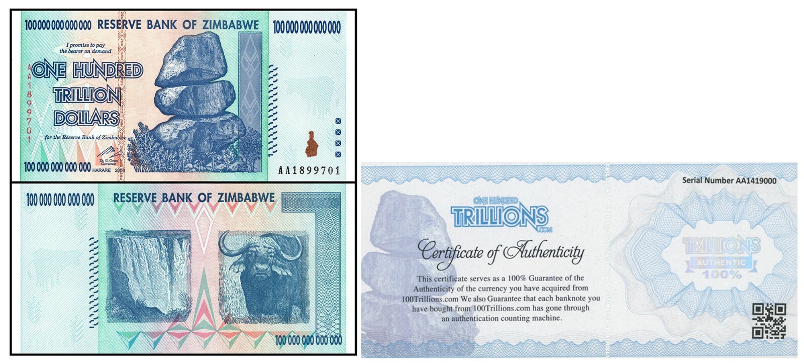 100 Trillion Zimbabwe Banknote 1 Note AA/2008, P-91, UNC USA SELLER