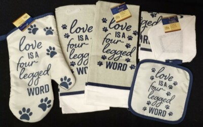 6 pc Love is a 4-Legged Word Kitchen Set: Pot Holder Mitt Tea Towels Dishcloths
