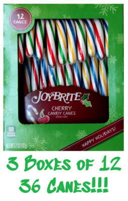 3 - 12 Pack (36) JoyBrite Cherry Full Size Ind Wrapped Christmas Candy Canes