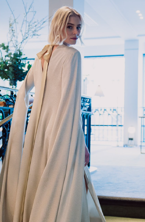 Pre-owned Style Beige Gold Ivory Women Evening Gown With Long Sleeves Cape