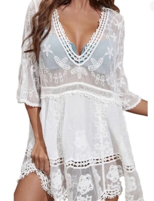 L New White Lace Crochet Boho Folk Tunic Dress Blouse Top Cover-Up LARGE OS