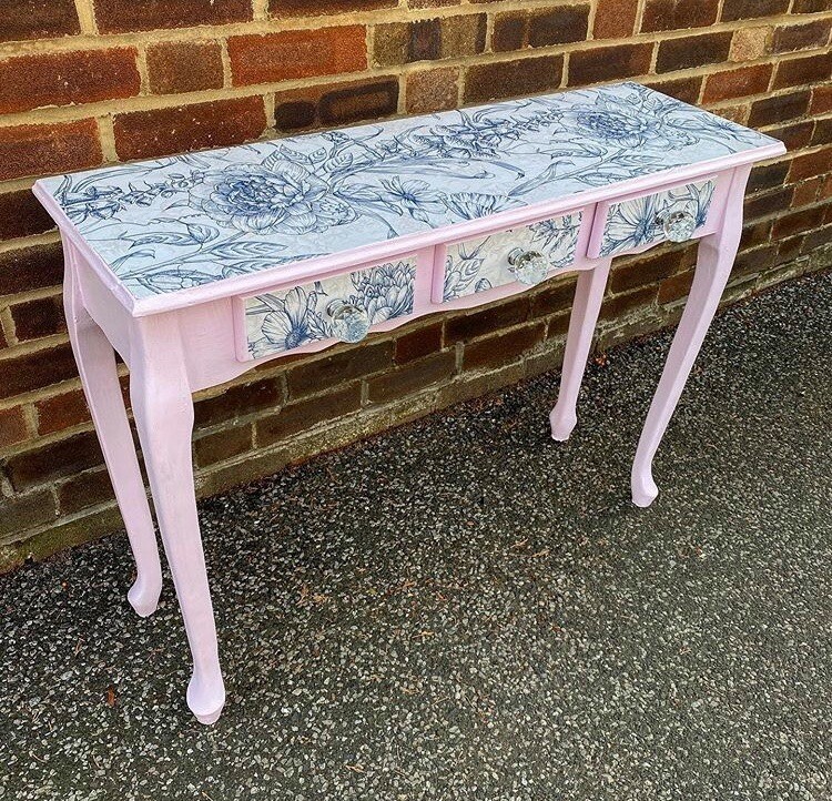 Painted pink console hall table cottage garden decoupage detail glass