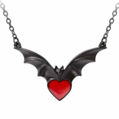 ALCHEMY SOMBRE DESIRE  BAT PENDANT NECKLACE Black Gothic Red Heart +VELVET POUCH